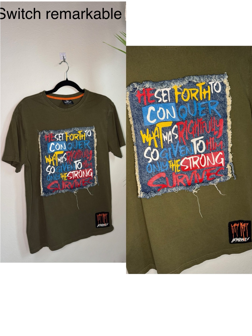 Low Key Apparel Olive Green Graphic Patchwork T-Shirt Men’s Size L Streetwear